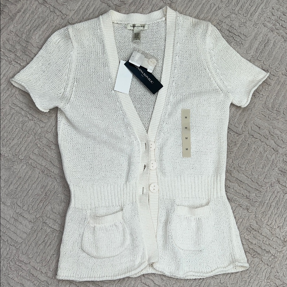 White Short Sleeve Cardigan cotton linen blend Size Medium, New - Picture 2 of 16